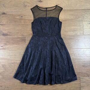 Adrianna Papell Navy Blue Floral Lace Illusion Mesh Fit and Flare Dress 4